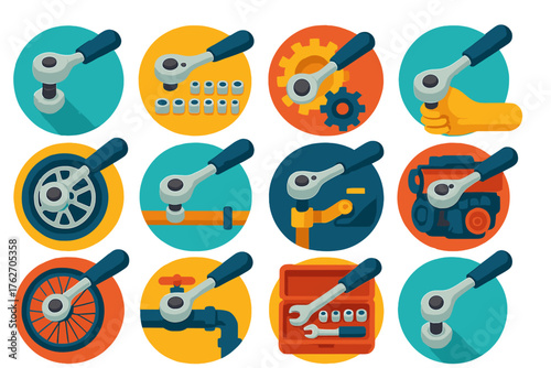 Ratchet Usage flat icons: ratchet on bolt, ratchet with socket set, ratchet turning gear, hand holding ratchet, ratchet tightening wheel, ratchet on pipe, ratchet with machine part
