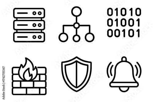Digital detection outline icon set: server, nodes, binary code, firewall, shield, alert bell.
