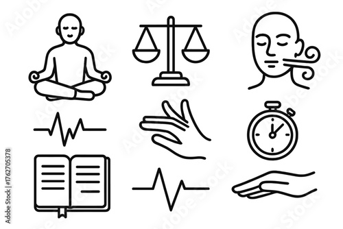 Personal Self-Control outline icon set: meditating figure, balanced scales, heartbeat line, steady hand, calm face, stopwatch, diary notebook, breathing swirl.