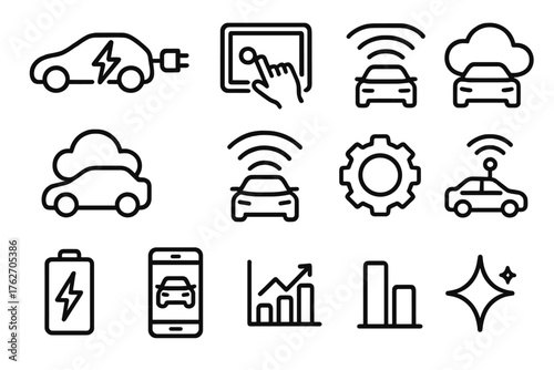 Digital Cars outline icon set: electric car, touchscreen, Wi-Fi, cloud, signal waves, gear, battery, smartphone, antenna, GPS map, chart, sparkle. , , High resolution, sharp vector