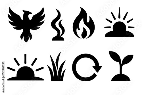 Renewal silhouette set: phoenix silhouette, rising smoke, flame transforming, glowing ember, dawn sky, fresh grass, circular loop, sapling.