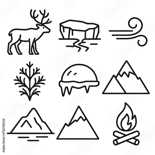 Tundra outline icon set: caribou, icy ridge, glacier crack, wind swirl, frost pattern, ice cap, mountain peak, campfire.