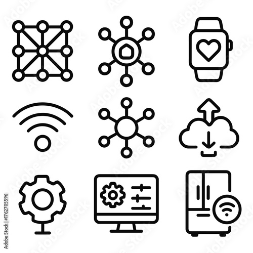 Connected Ecosystem outline icon set: network grid, IoT hub, smart appliances, wearable tech, cloud data, wireless signals, connected nodes, control center. , , High resolution,