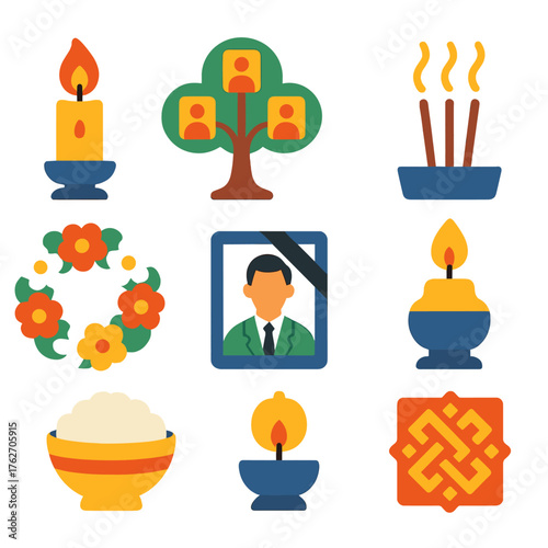 Honoring Ancestors flat icons: memorial candle, family tree, incense sticks, photograph, flower wreath, bowl of rice, altar light, cultural motif. , , High resolution, sharp vector