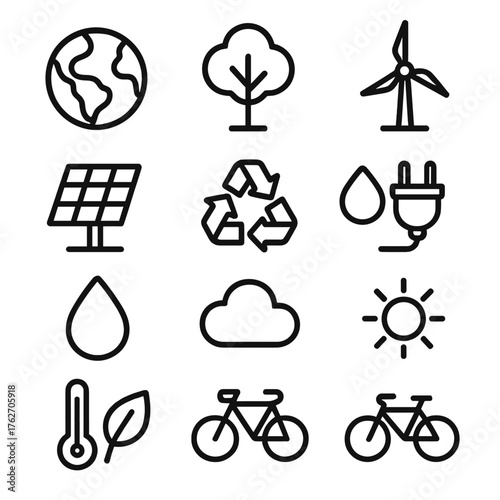 Climate Action outline icon set: planet, tree, recycle arrows, windmill, solar cell, droplet, cloud, electric plug, thermometer, leaf, bicycle, sun. , , High resolution, sharp