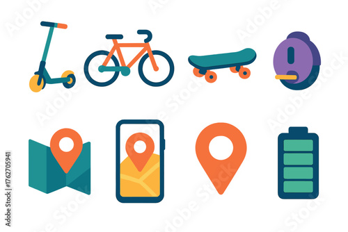 Micro-Mobility flat icons: scooter, bike, skateboard, electric unicycle, GPS map, phone app, location pin, battery charge. , , High resolution, sharp vector-like appearance, ideal