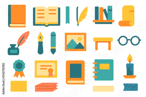 Book Dust Jacket flat icons: hardcover book, open book, bookmark, scroll, feather, pen, library, glasses, ribbon, certificate, gallery frame, shelf, cover sheet, paper stack,