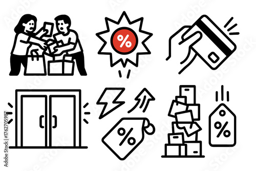 Black Friday Deal Madness outline icon set: shoppers grabbing items, red discount label, sale explosion, credit card swipe, product pile, store doors, flashing arrows, price drop