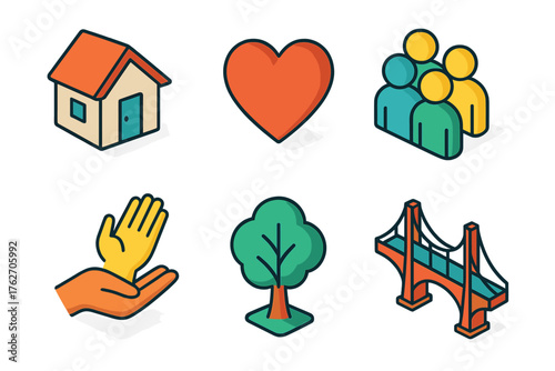 Community duty set icons in modern isometric flat vector style: house, heart, people group, helping hand, tree, bridge.
