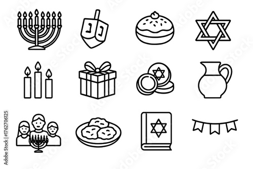 Hanukkah Celebration outline icon set: menorah, dreidel, sufganiyah donut, Star of David, candles, gift box, gelt coins, oil jug, family dinner, latkes plate, prayer book, festive