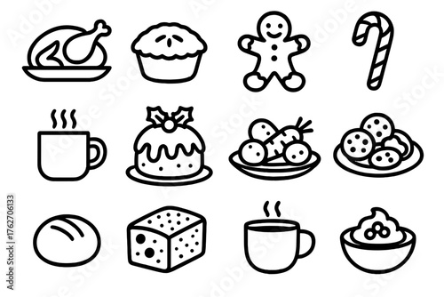 Christmas Festive Food outline icon set: baked turkey, mince pie, gingerbread man, candy cane, cup of cocoa, Christmas pudding, roasted vegetables, cookie plate, bread roll,