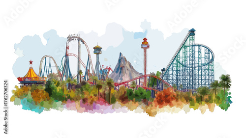 Six Flags Magic Mountain. Six Flags Magic Mountain hand drawn watercolor illustration