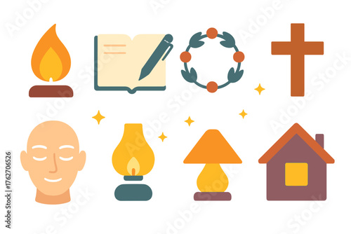 Advent Meditative Moment flat icons: flickering flame, journal and pen, simple wreath, night stars, wooden cross, calm face, peaceful lamp, quiet home. , , High resolution, sharp