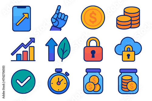 Automated Investing flat icons: smartphone, robot hand, dollar sign, coin stack, chart, upward arrow, leaf, secure lock, data cloud, checkmark, timer, savings jar. , , High