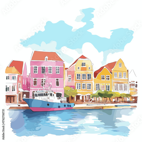 Willemstad. Willemstad hand drawn watercolor illustration