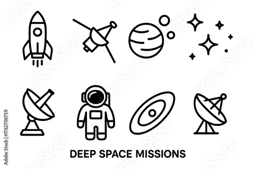 Deep Space Missions outline icon set: rocket ship, deep space probe, planet with moons, telescope, star field, satellite dish, astronaut, orbit. , , High resolution, sharp