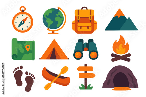 Geographic exploration flat icons: compass, globe, backpack, mountain peak, rolled map, tent, binoculars, campfire, footprints, canoe, trail sign, cave entrance.