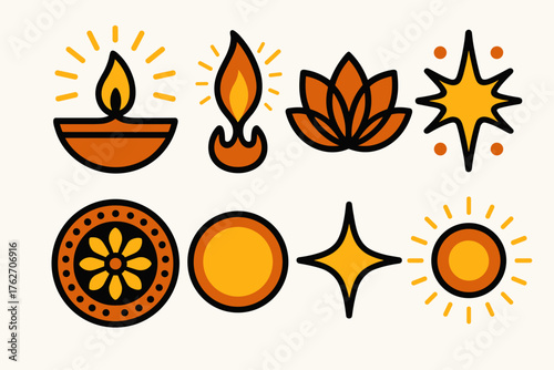 Diwali Light Over Darkness silhouette set: oil lamp, radiant flame, lotus motif, spark burst, rangoli art, warm glow, night star, aura of light. , , High resolution, sharp