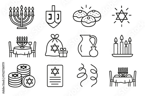 Hanukkah Celebration outline icon set: menorah lights, dreidel toy, jelly donuts, shining star, family meal, gift bag, oil pitcher, candle set, coins pile, blessing card, festive