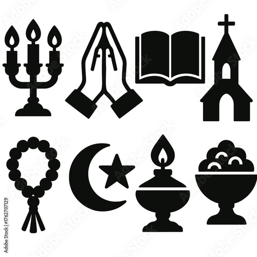 Spiritual Rituals silhouette set: candle holder, folded hands, holy text, church steeple, prayer beads, star and moon, shrine lamp, sacred offering. , , High resolution, sharp