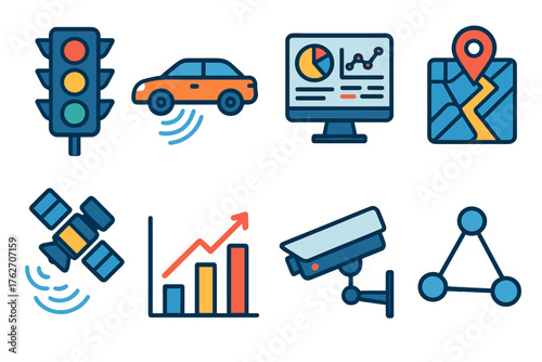 Traffic Intelligence flat icons: smart traffic light, car sensor, data dashboard, GPS map, satellite signal, congestion chart, road camera, network lines. , , High resolution,