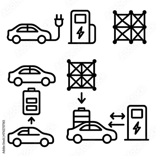 Vehicle-to-Grid outline icon set: electric car, power cable, charging station, grid network, battery flow, energy exchange arrows. , , High resolution, sharp vector-like appearance