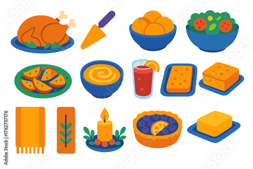 Thanksgiving Feast flat icons: turkey roast, pie server, baked rolls, salad dish, roasted sweet potatoes, pumpkin soup, cranberry drink, corn bread, butter dish, table runner,