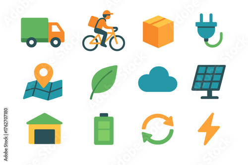 Clean Distribution flat icons: truck, bike courier, box, plug, map, leaf, cloud, solar panel, warehouse, battery, route arrows, spark. , , High resolution, sharp vector-like