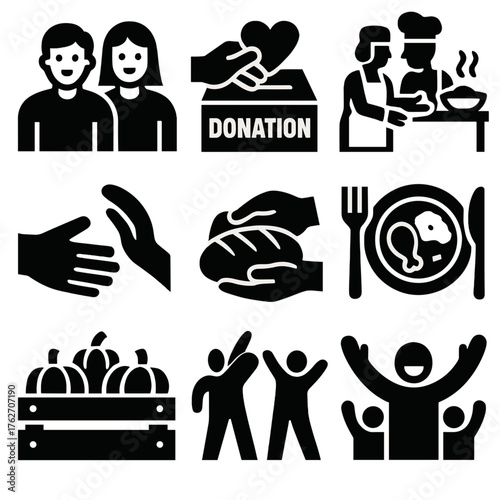 Thanksgiving Together We Give silhouette set: volunteers, donation box, soup kitchen, warm meal, kindness gesture, shared bread, pumpkin crate, joyful crowd. , , High resolution,