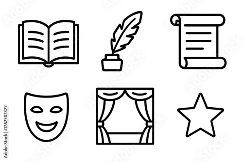 Story plot outline icon set: open book, feather quill, scroll, theater mask, stage curtain, star.