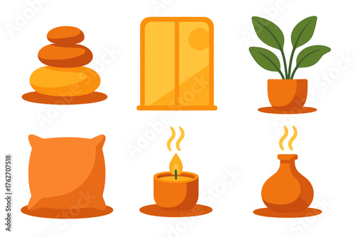 Calm Environments flat icons: balanced stones, window light, warm tones, leafy plant, soft pillow, relaxing scent. , , High resolution, sharp vector-like appearance, ideal for UI