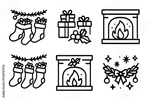 Christmas Stockings outline icon set: family stockings row, small presents inside, holiday garland, flickering fire, festive decor, winter charm. , , High resolution, sharp