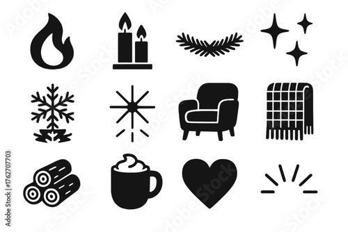 Winter Glow silhouette set: flickering flame, candle set, pine garland, sparkles, snowflake reflection, light rays, warm chair, wool blanket, firewood, cocoa cup, heart, glow lines