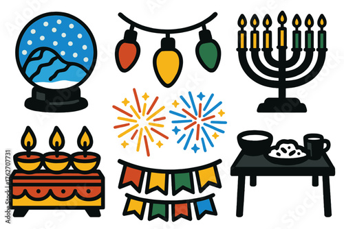 Winter Worldwide Festivities silhouette set: snowy globe, holiday lights, menorah glow, kinara stand, Diwali diyas, fireworks, shared table, colorful flags. , , High resolution,