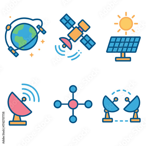Orbital Systems flat icons: Earth orbit, connected satellites, solar power unit, tracking radar, space node, data link. , , High resolution, sharp vector-like appearance, ideal for
