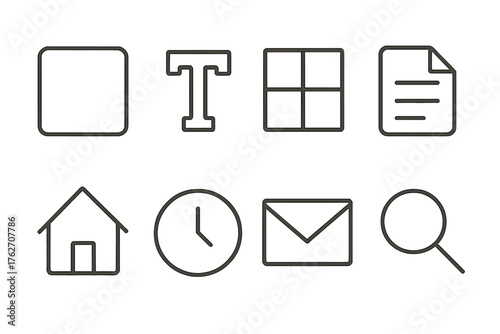 Minimal Design outline icon set: open frame, clean typography, neutral tones, aligned grid, basic icons, balanced layout, clear focus, soft palette. , , High resolution, sharp