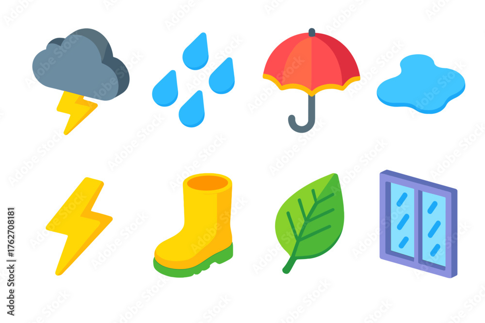 Obraz premium Rain & Thunder flat isometric set: thundercloud, raindrops, umbrella, puddle, lightning, boot, leaf, window.