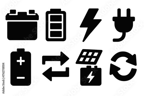 Battery Systems silhouette set: battery pack, charge indicator, lightning bolt, plug connector, power cell, energy flow, solar charger, recycling arrows. , , High resolution, sharp