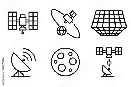Orbital Systems outline icon set: satellite array, trajectory lines, space grid, ground receiver, moon icon, energy beam. , , High resolution, sharp vector-like appearance, ideal