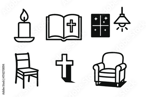 Advent Stillness outline icon set: single flame, prayer book, calm room, cross symbol, starlit sky, warm lamp, quiet chair, soft shadows. , , High resolution, sharp vector-like