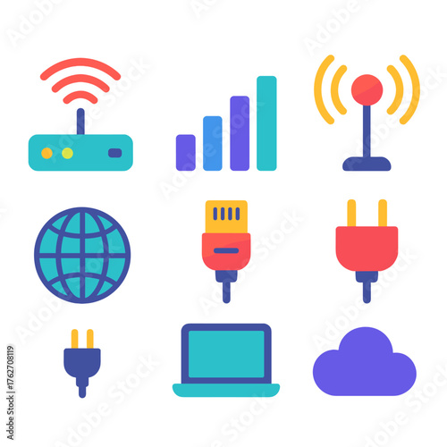 Connectivity flat icons: router, signal bars, antenna, plug, globe, ethernet cable, laptop, cloud.