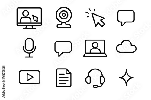 Remote Presentation outline icon set: screen, webcam, pointer, microphone, chat bubble, laptop, video play icon, document, cloud, link, headset, sparkle. , , High resolution, sharp