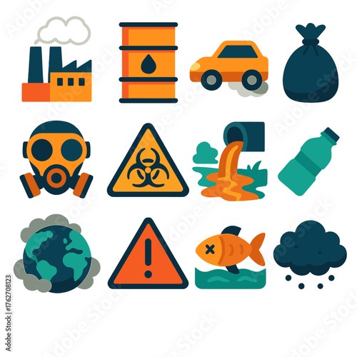 Pollution flat icons: factory smoke, oil drum, car exhaust, trash bag, gas mask, hazard sign, polluted river, plastic bottle, smog cloud, warning triangle, globe, dead fish.