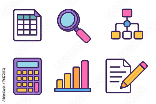 Quantitative Research flat isometric set: spreadsheet, magnifying glass, histogram, flow diagram, calculator, bar chart, document, pencil.