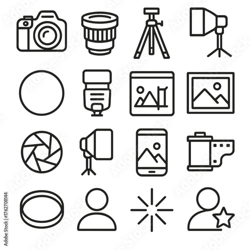 Photography Portrait Mode outline icon set: DSLR camera, lens, tripod, softbox, reflector, flash, editing tool, gallery frame, shutter, spotlight, smartphone, photo reel, filter,