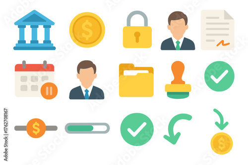 Financial Escrow Icons flat icons: bank building, dollar coin, lock icon, contract file, calendar hold, escrow agent, document folder, approval stamp, transaction record, progress