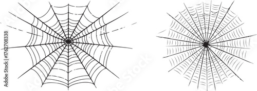 Hand-drawn spider web patterns, black outline on white background, radial design