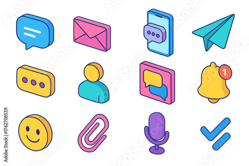 Direct Messaging flat isometric set: chat bubble, envelope icon, smartphone screen, typing dots, paper airplane, contact avatar, message thread, notification bell, emoji smile,