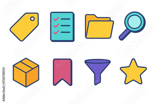 Curation flat isometric set: tag, checklist, folder, magnifying glass, box, bookmark, filter, star.