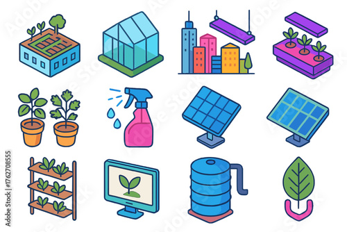 Urban Greenhouse Collection flat isometric set: rooftop garden, glass panels, hydroponic tray, LED grow light, city skyline, potted herbs, mist sprayer, solar panel, plant rack,